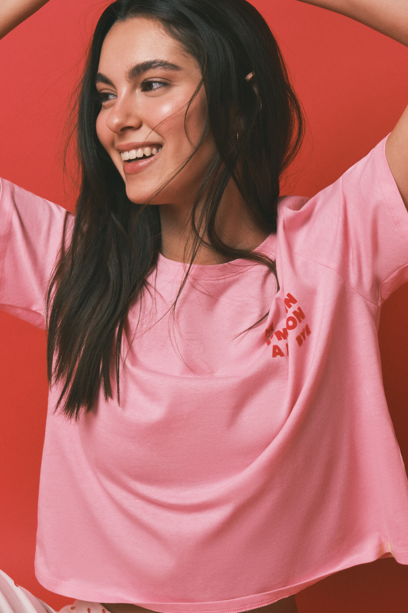 HI&BYE Pijama larga estampada de 100% algod&oacute;n rosa