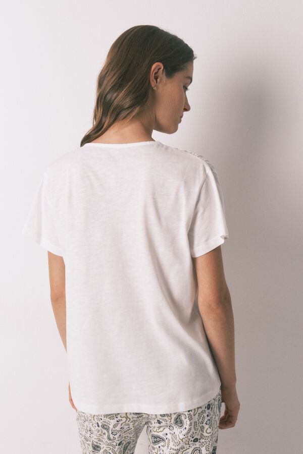 Women'secret Playera manga corta fruncida de algod&oacute;n blanca marfil