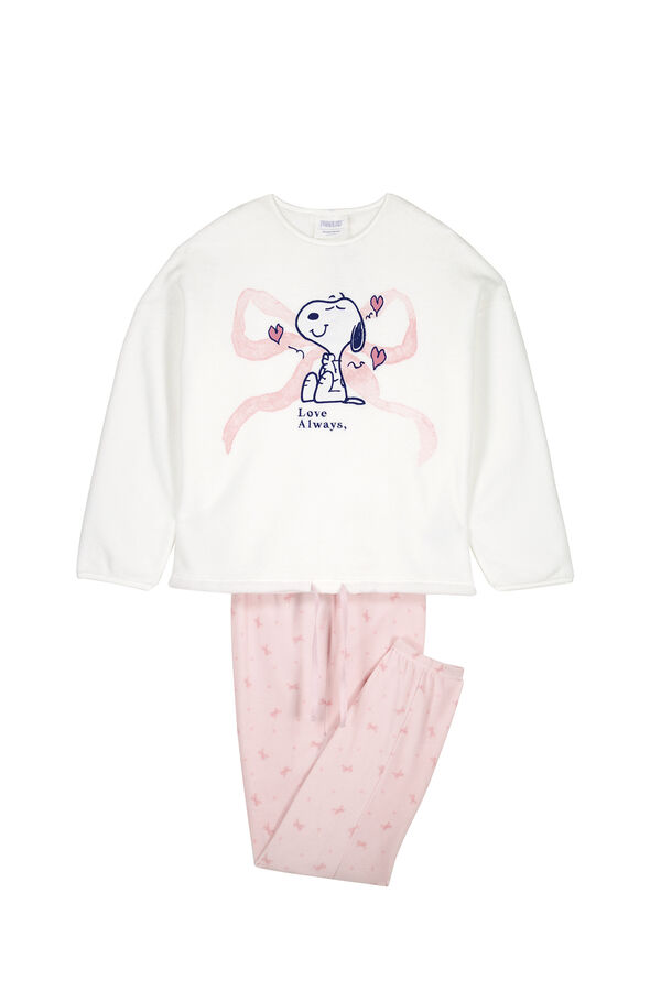 Womensecret Pijama larga de forro polar suave con lazos de Snoopy marfil