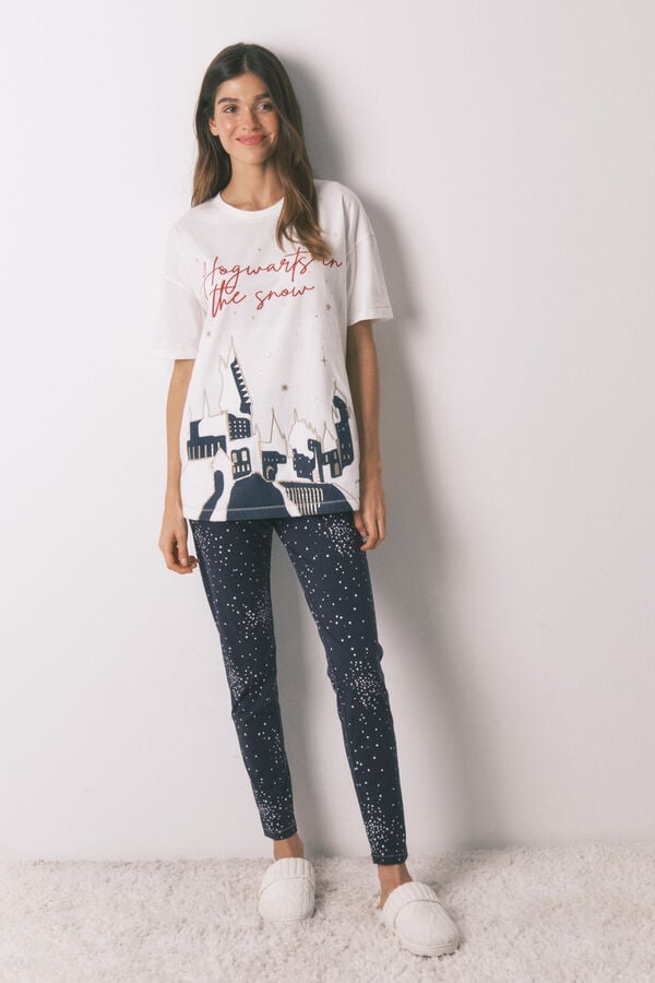 Women'secret Pijama larga 100% algodón estampado" Hogwarts" marfil