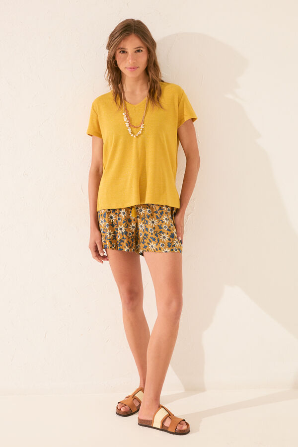 Womensecret Playera de manga corta acanalada con lurex dorado amarillo