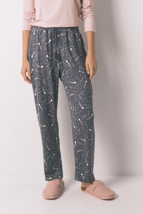 Women'secret Pantalón largo y tejido con estrellas grises suaves gris