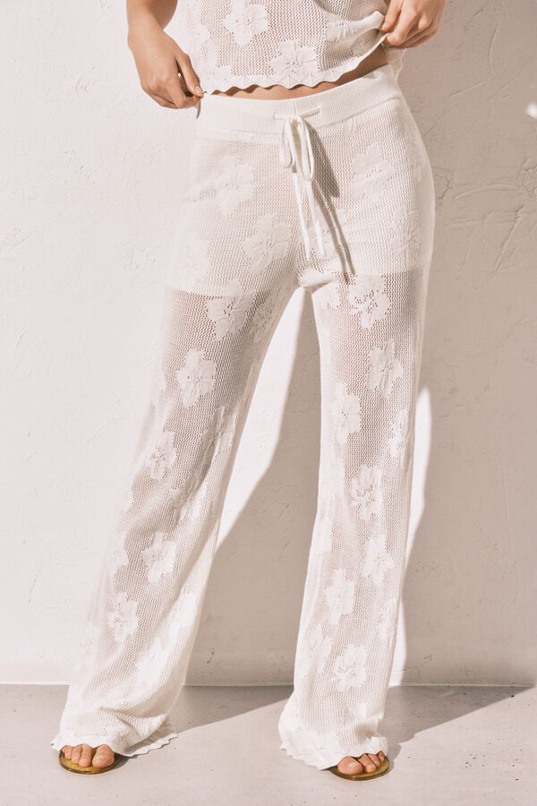Women'secret Pantal&oacute;n largo de crochet beige marfil