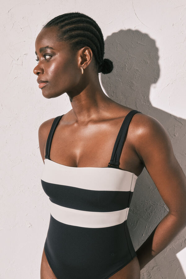 Women'secret Traje de ba&ntilde;o bandeau modelador color block B&W negro