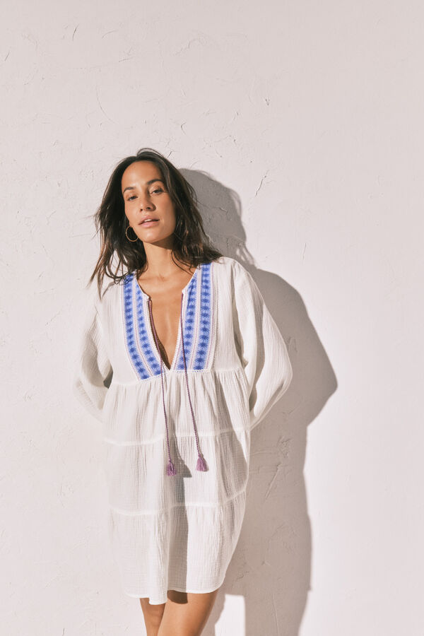 Women'secret Vestido corto de algod&oacute;n estampado boho marfil