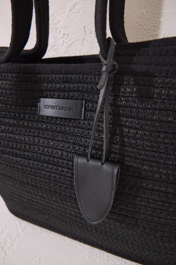 Womensecret Bolsa de playa negra rafia negro