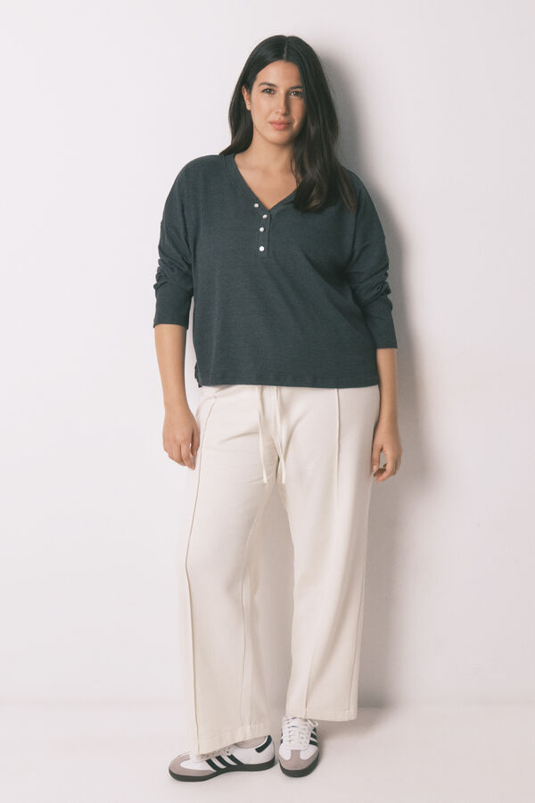 Women'secret Playera de manga manga larga con estampado de gofres de color gris gris