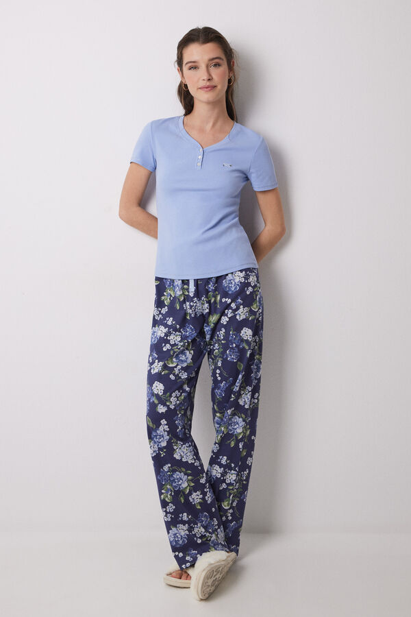 Womensecret Pijama 100% algodón canalé azul flores azul