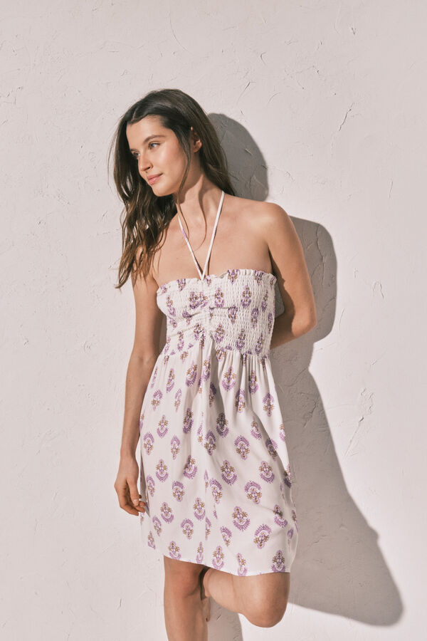 Women'secret Vestido corto con escote smock estampado blanco