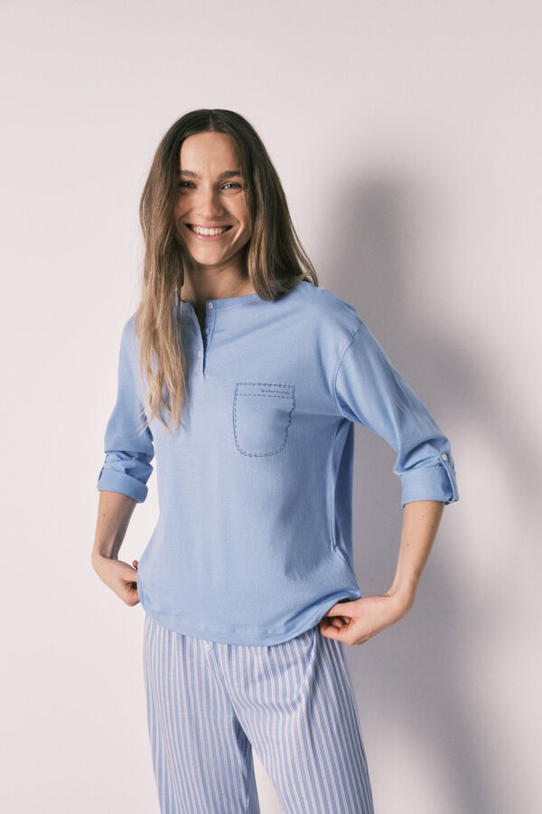 Women'secret Pijama larga con pantal&oacute;n a rayas de algod&oacute;n azul azul