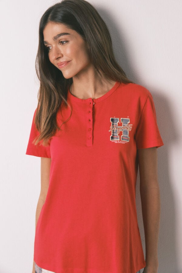 Women'secret Pijama larga 100% algodón estampado cuadros "Hogwarts" rojo