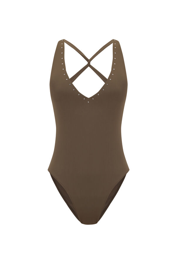 Womensecret Traje de baño caqui de escote profundo con pedrería brillante. kaki