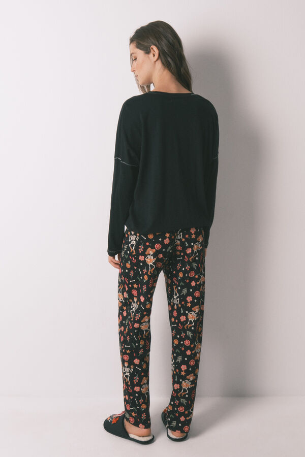 Women'secret Pijama larga "Día de Muertos" 100% algodón en color negro negro