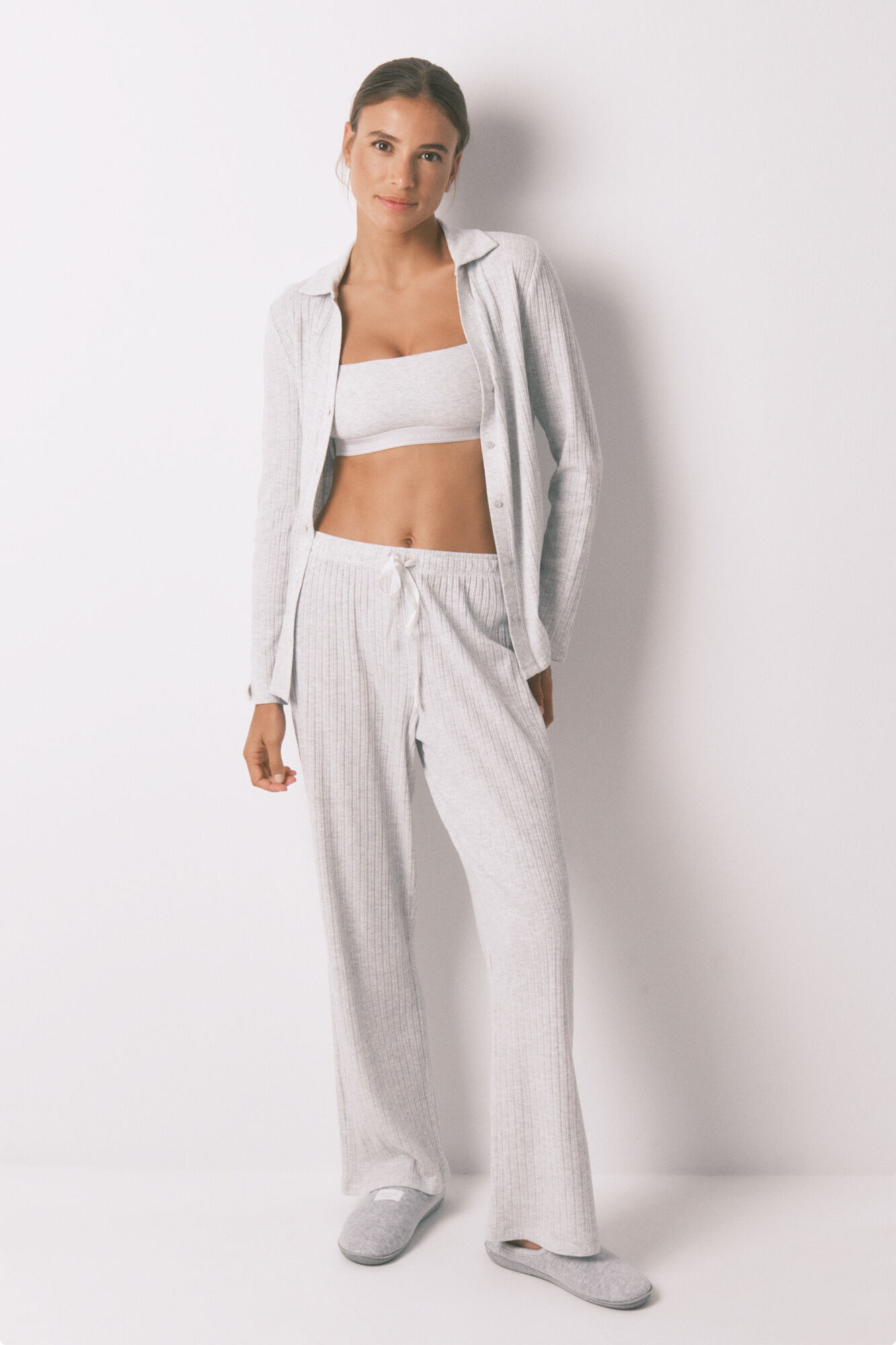 Women'secret Pijama larga algod&oacute;n canal&eacute; gris