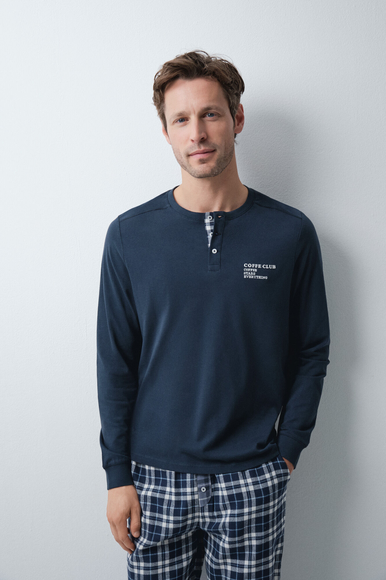 Women'secret Pijama larga de algod&oacute;n azul marino a cuadros