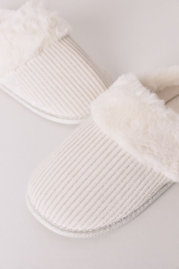 Women'secret Pantuflas para casa de canalé de pelo de lurex blanco marfil