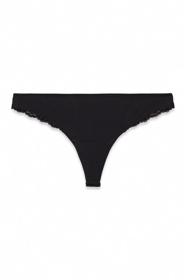 Women'secret Tanga de microfibra rayada y encaje negra negro