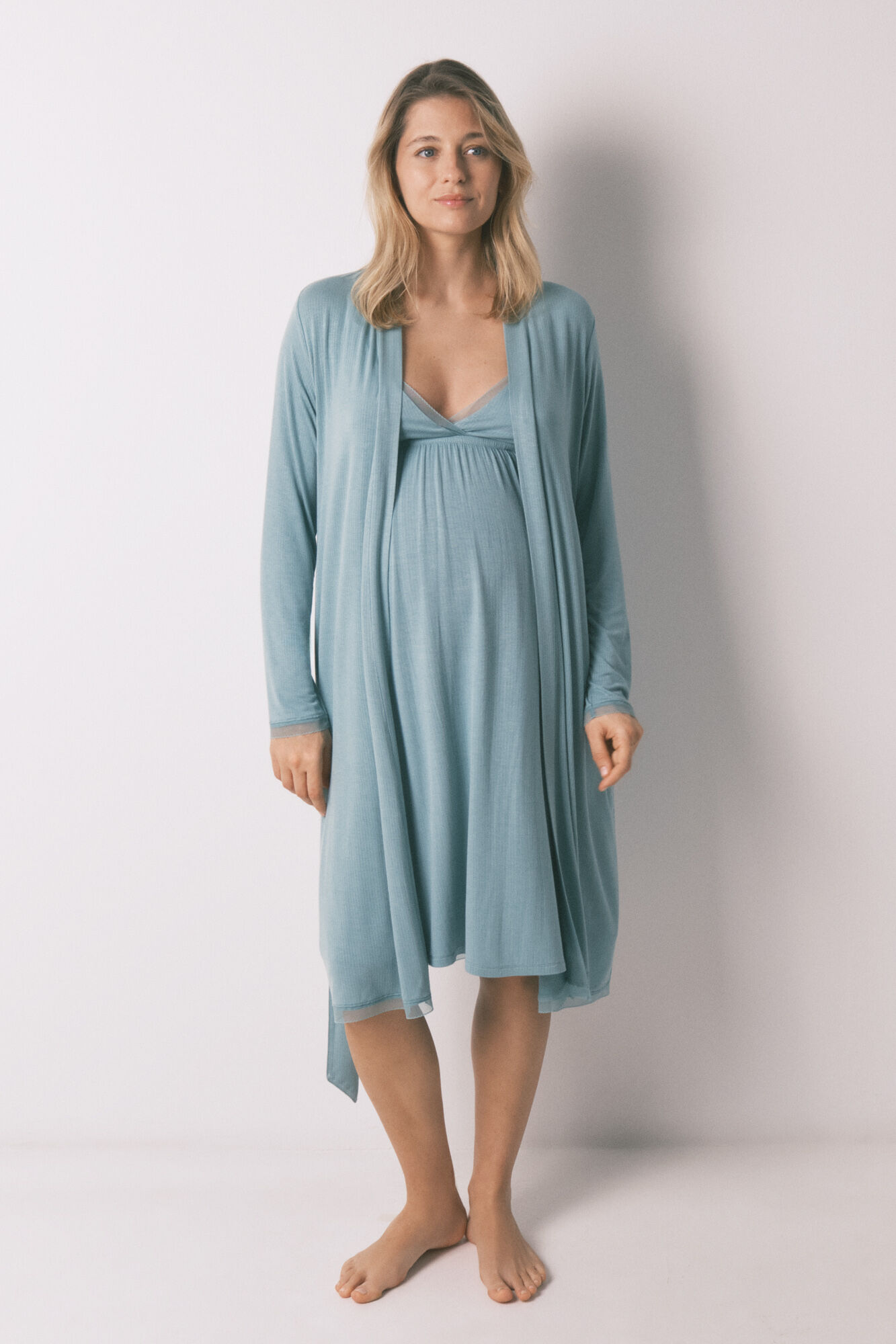 Women'secret Bata larga maternity con cintur&oacute;n acanalado verde