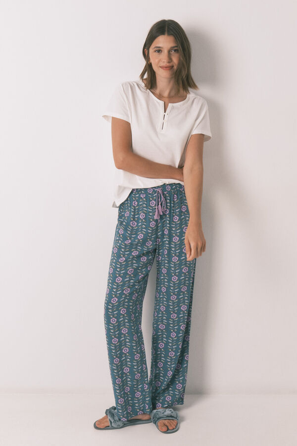 Women'secret Pantalón largo de viscosa con estampado de flores verde