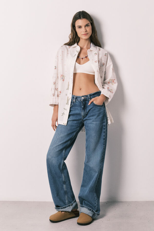 Women'secret Camisa manga larga de popel&iacute;n estampado floral blanco