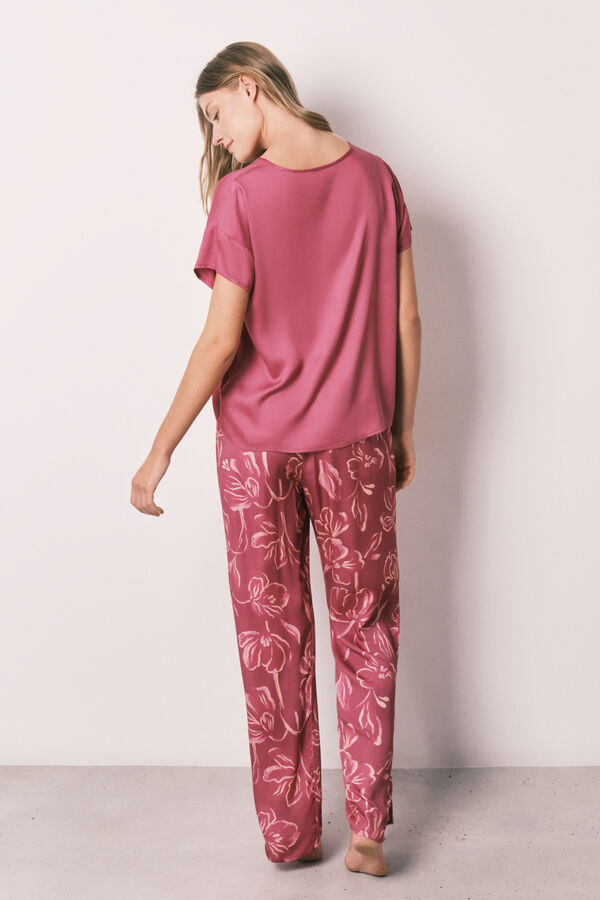 Women'secret Pijama larga de manga corta satinada granate rosa