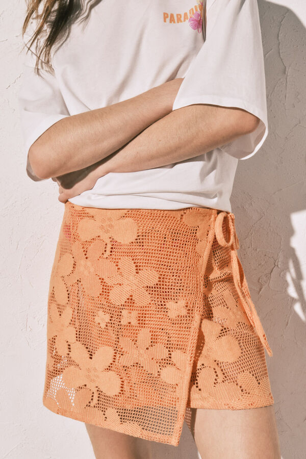 Women'secret Pareo corto de crochet con flores naranja naranja