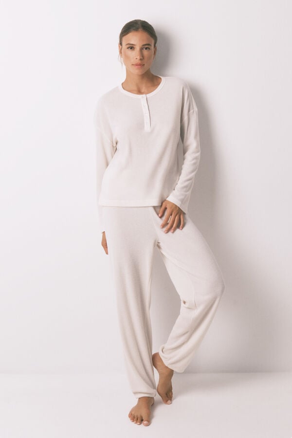 Women'secret Pijama larga con textura de gofre blanco marfil