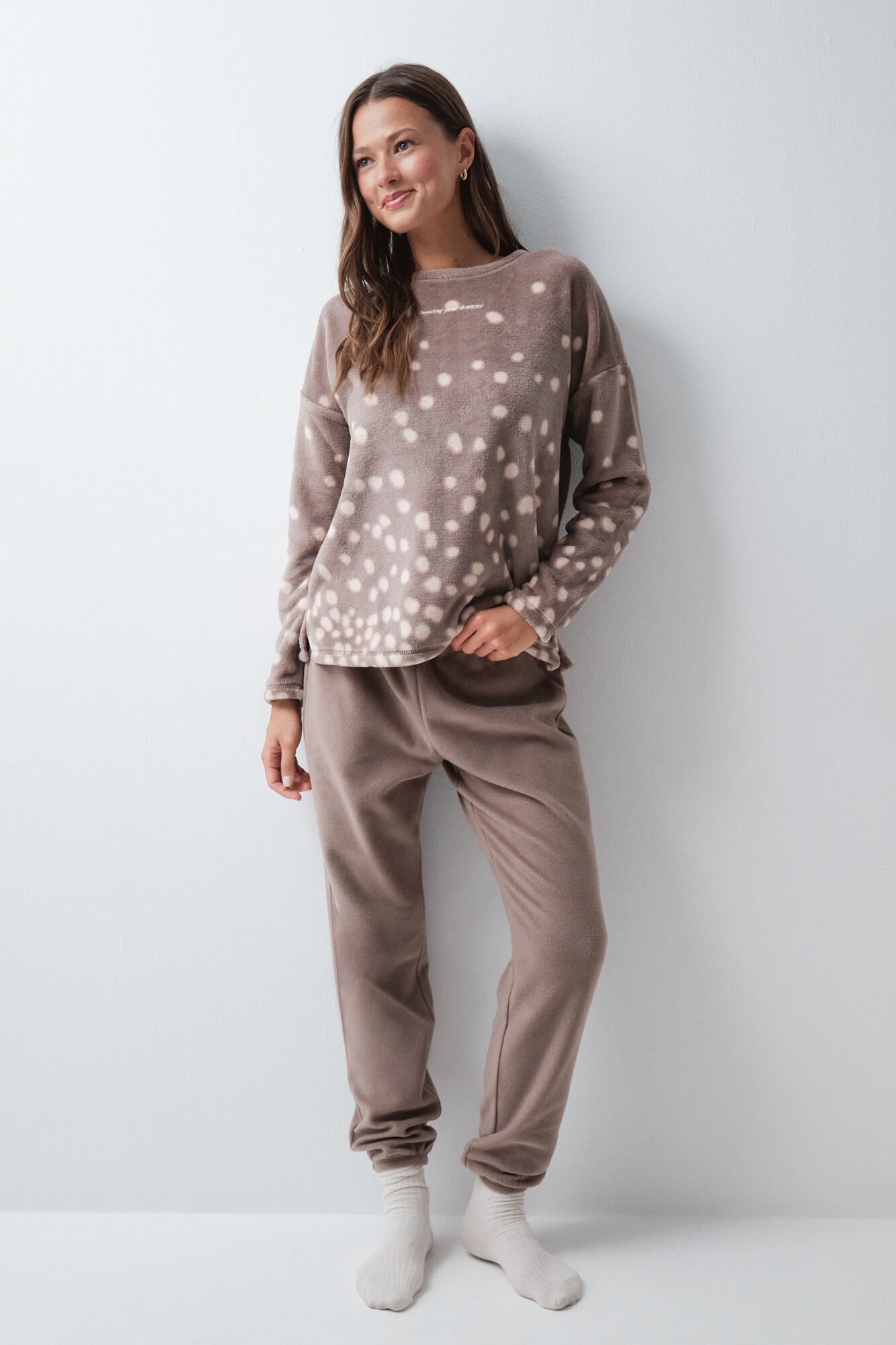 Women'secret Pijama larga polar marr&oacute;n
