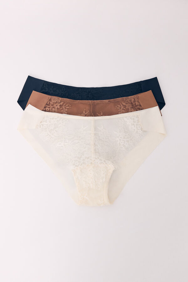 Womensecret Pack 3 panties clásicos encaje y micro kaki