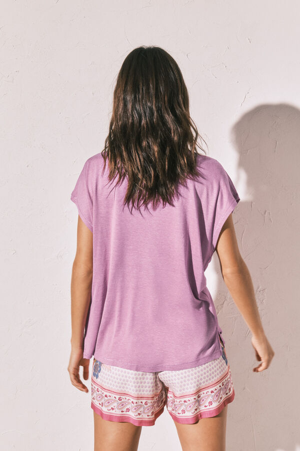 Women'secret Playera corta de viscosa y lino lila morado/lila