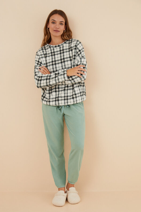 Womensecret Pijama polar cuadros verde kaki
