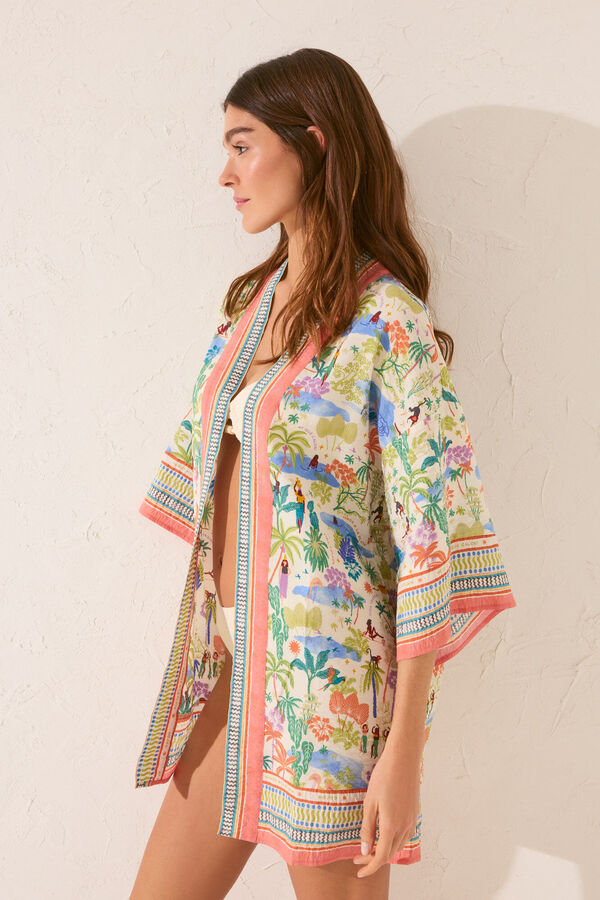 Womensecret Túnica kimono de viscosa con estampado de paisajes estampado