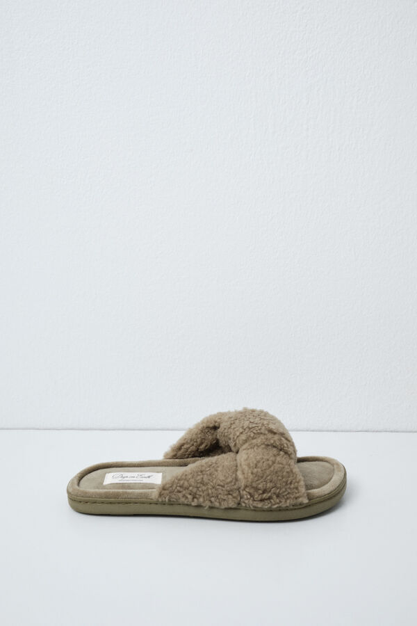 Women'secret Pantunflas de nudo borreguito verde kaki