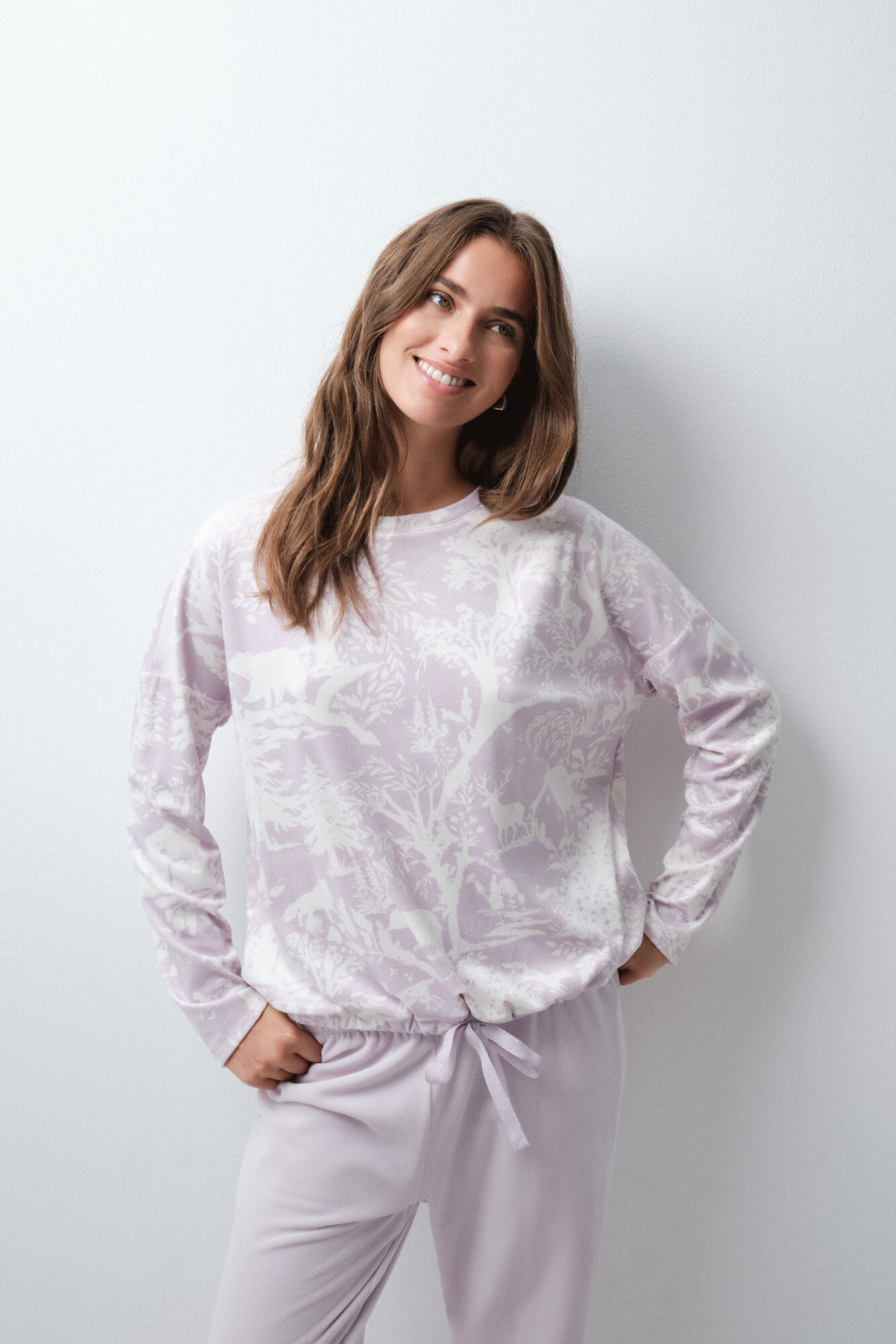 Women'secret Pijama larga de terciopelo malva
