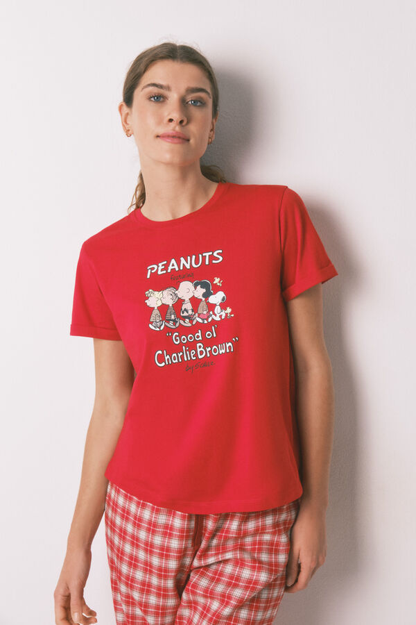 Women'secret Pijama larga 100% algodón con estampado de cuadros de Snoopy rojo