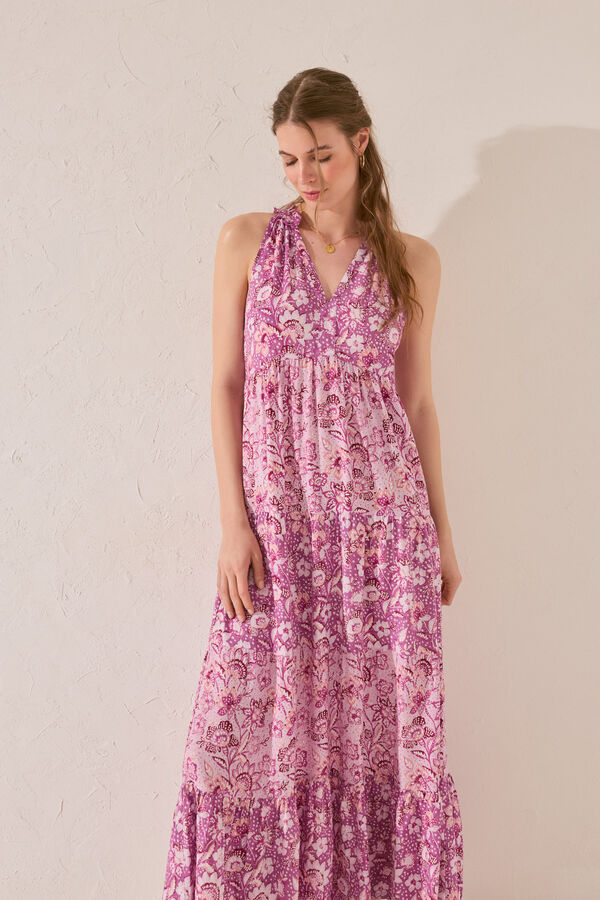 Womensecret Vestido largo de tirantes de viscosa con estampado morado/lila estampado