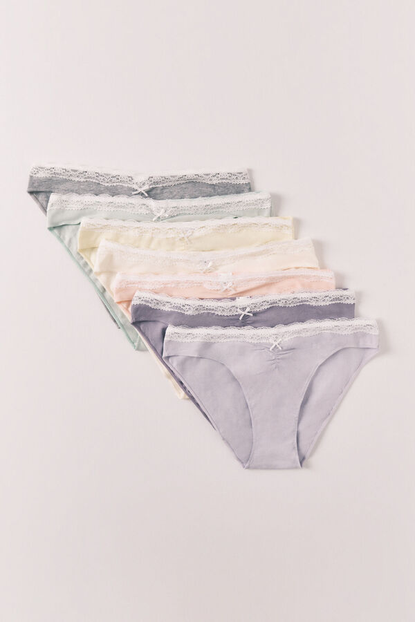 Women'secret Pack 7 panties cl&aacute;sicas de algod&oacute;n lisas con encaje blanco