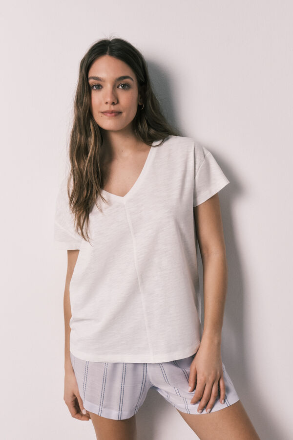 Women'secret Pijama corta de algod&oacute;n y viscosa a rayas marfil