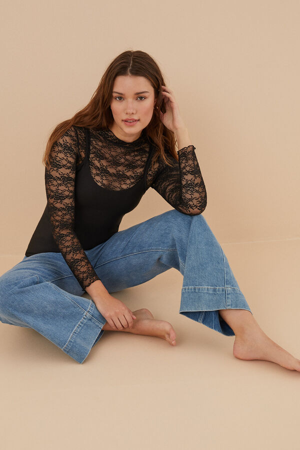 Womensecret Camiseta encaje negra negro