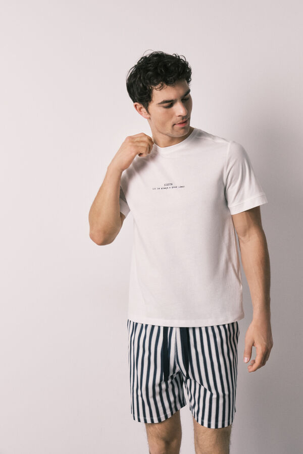 Women'secret Pijama corta de hombre 100% de algod&oacute;n a rayas marfil