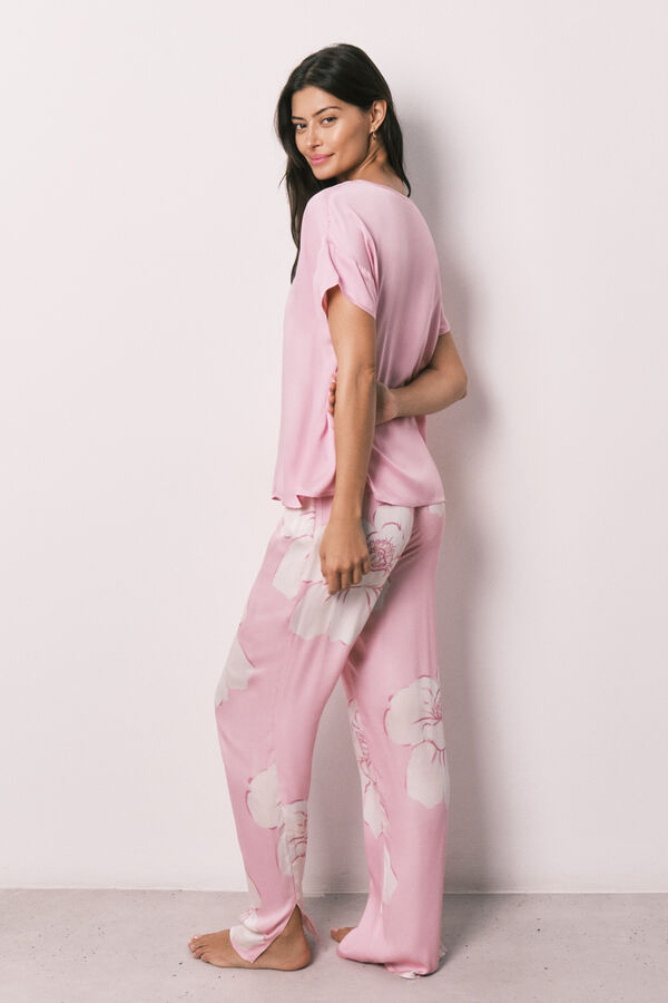 Women'secret Pijama larga de manga corta satinada rosa rosa
