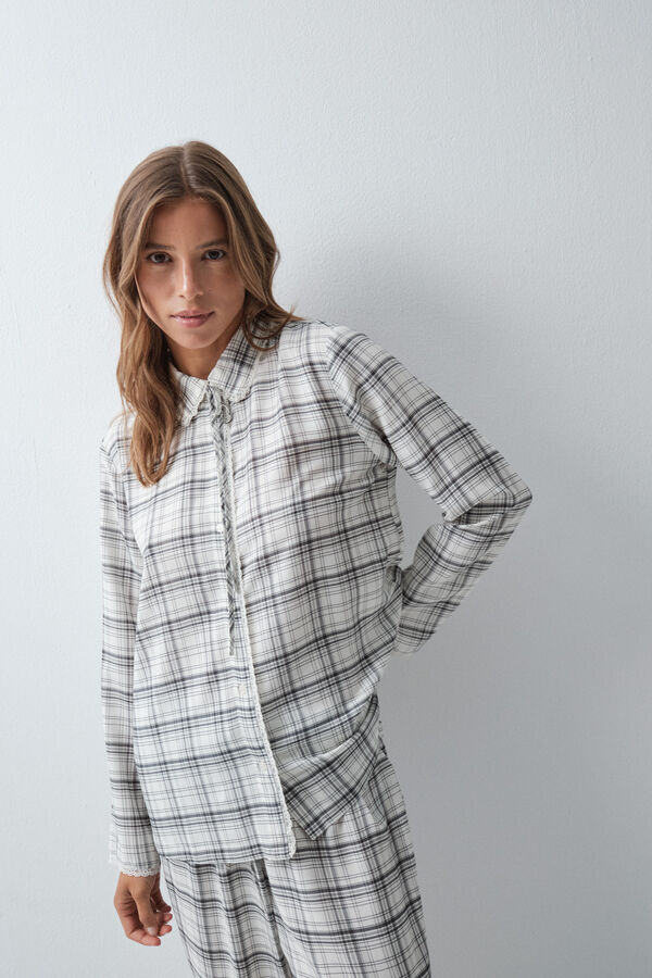 Women'secret Pijama larga camisera a cuadros con detalle de encaje blanco