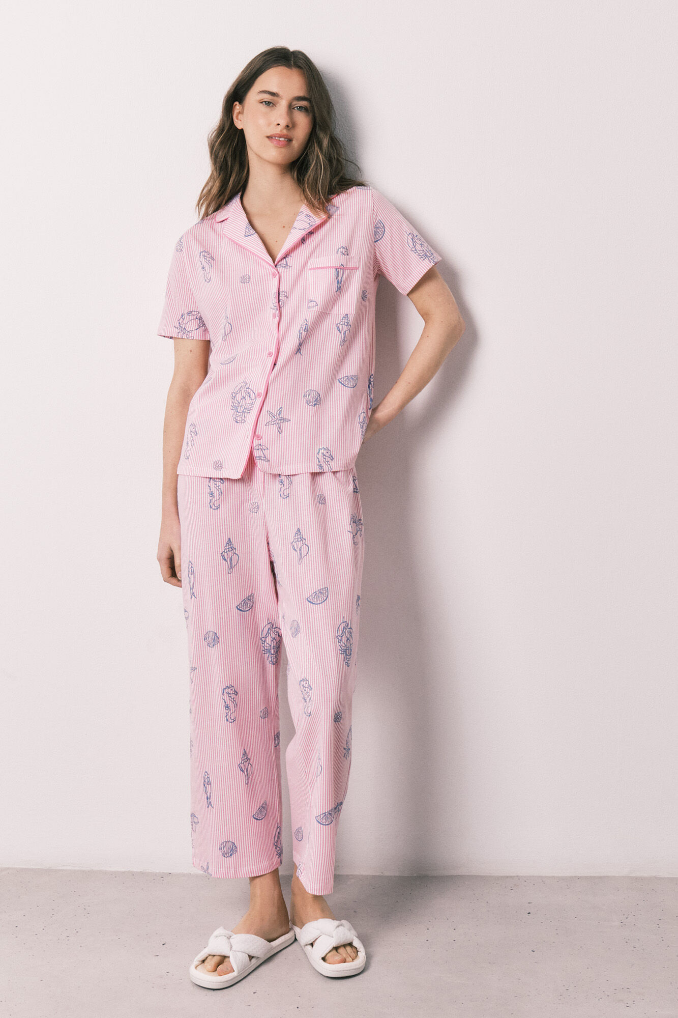 Women'secret Pijama camisera de algod&oacute;n a rayas rosa