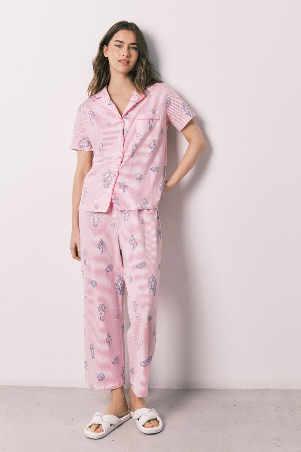 Women'secret Pijama camisera de algod&oacute;n a rayas rosa rosa