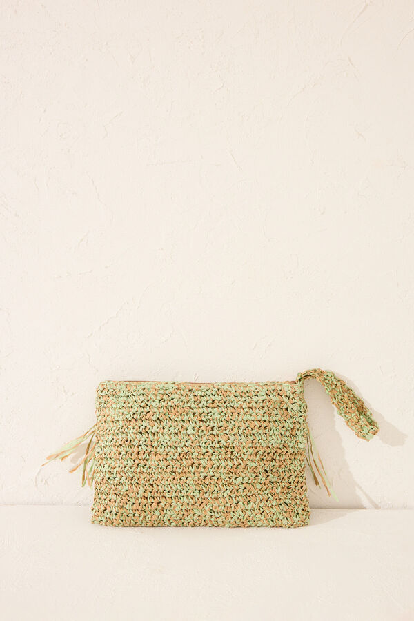 Womensecret Bolsa pequeño de rafia , bolsa con flecos verde