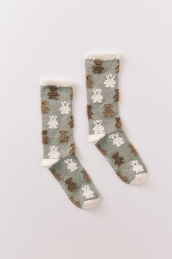 Women'secret Calcetines largos con estampado de oso con textura de pelo verde
