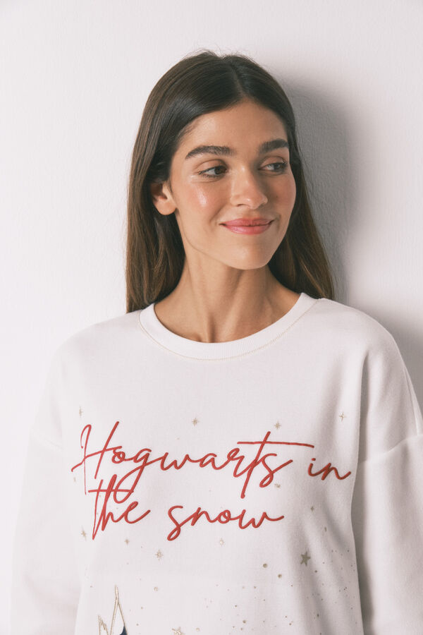 Women'secret Pijama larga polar estampado "Hogwarts" marfil