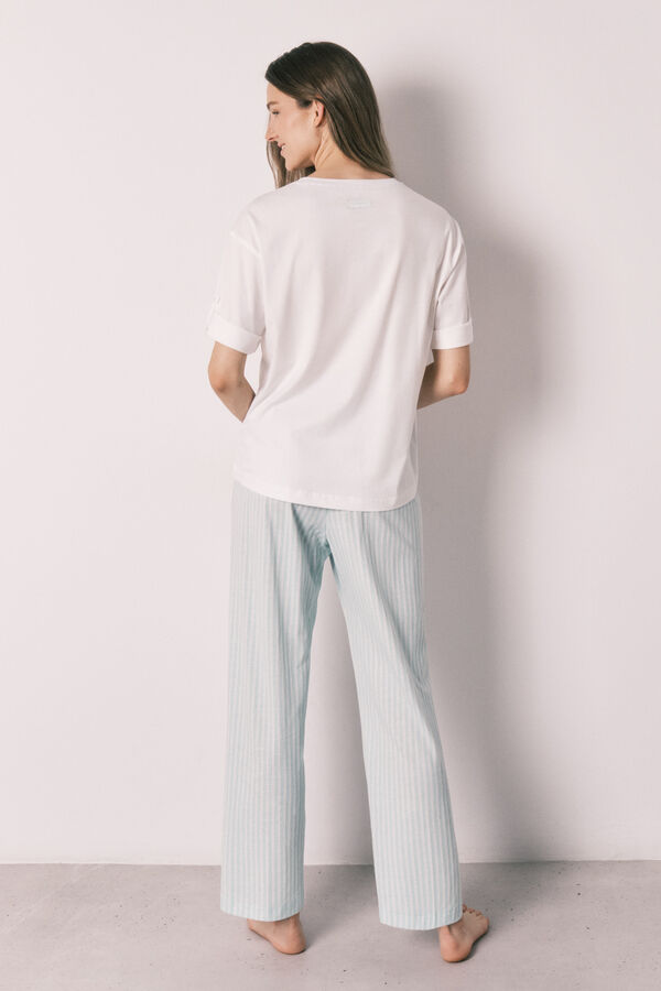 Women'secret Pijama de manga corta y pantal&oacute;n a rayas de algod&oacute;n verde marfil