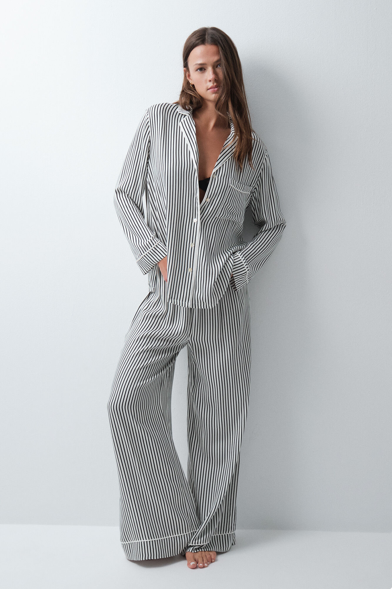 Women'secret Pijama larga camisera de rayas blanco y negro
