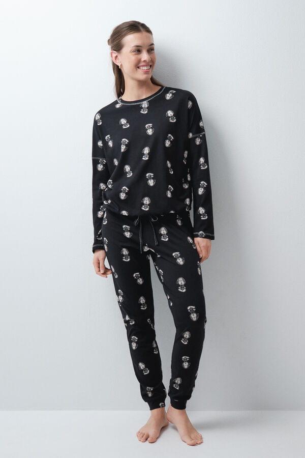 Women'secret Pijama larga de algod&oacute;n Snoopy Halloween negro